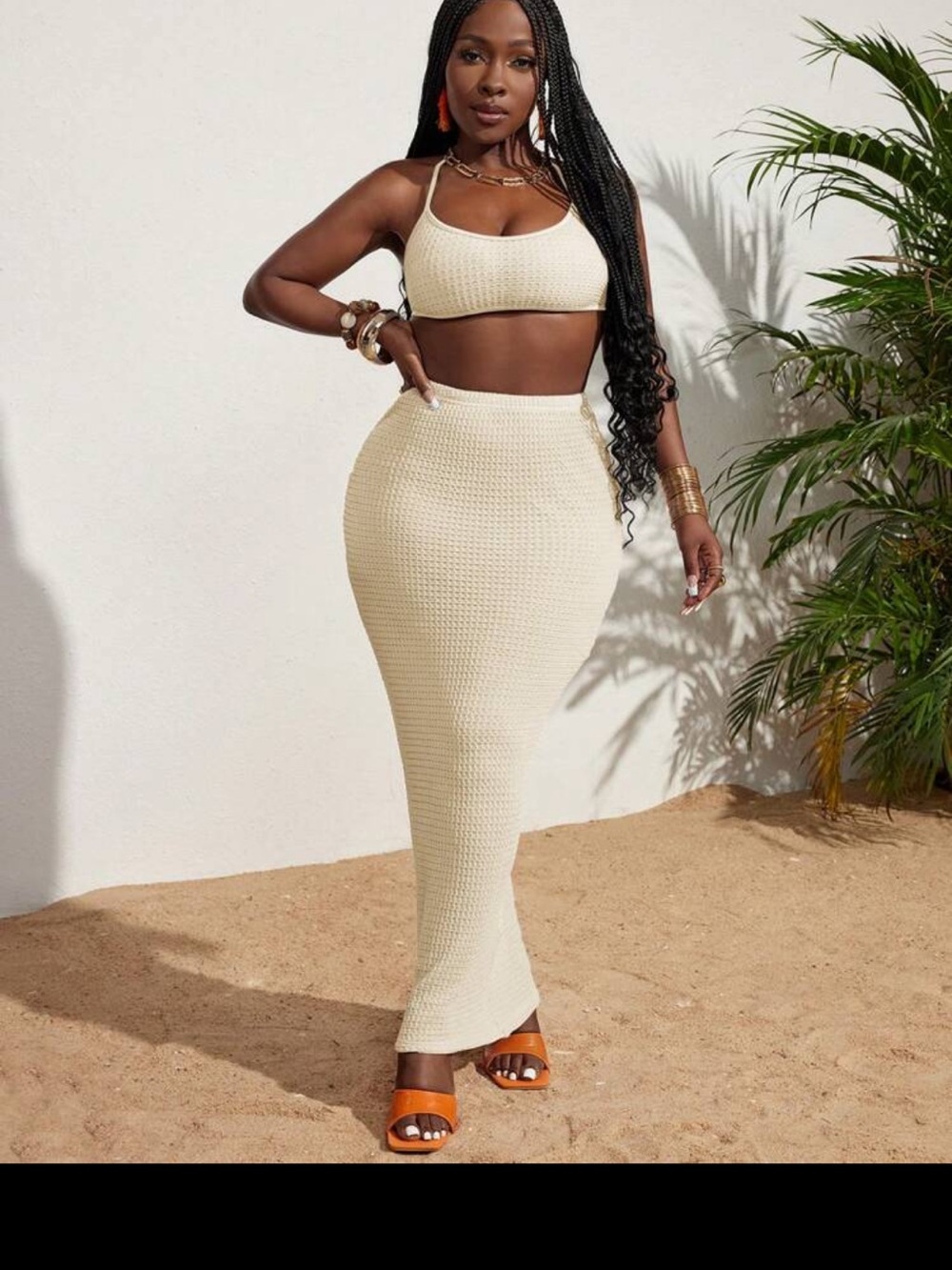 Cream Knit High-Waist Maxi Skirt